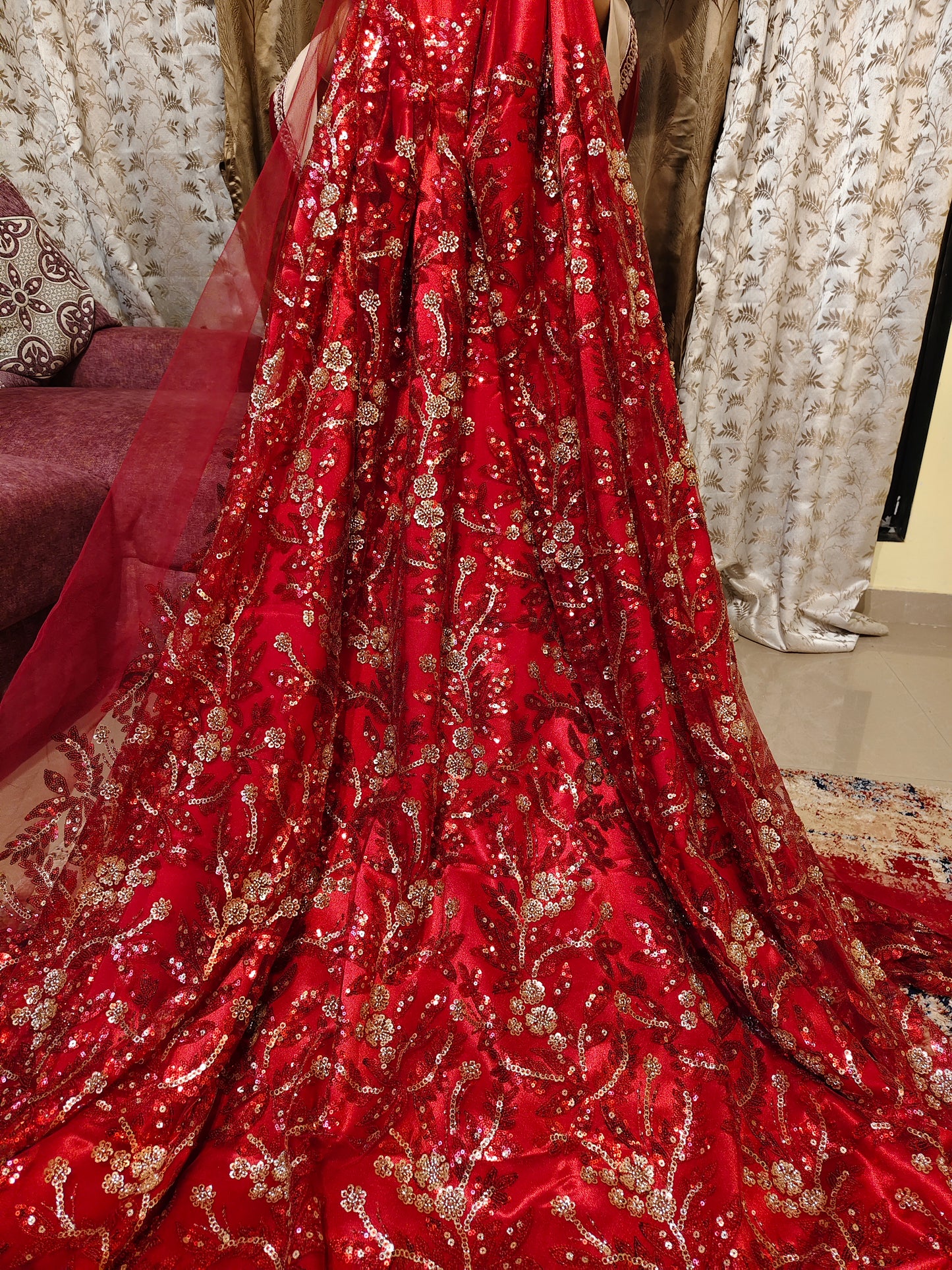 Red Satin-Backed handwork Net Fabric