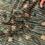 Deep Emerald & Gold Wave Sequin Net Fabric
