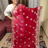 Dark Red Georgette Embroidered Indian Saree