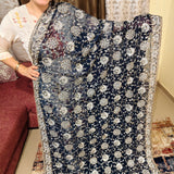 Deep Navy Blue Embroidered Georgette Indian Saree