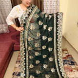 Deep Dark green Georgette Indian handwork Saree