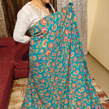 Turquoise Silk Crepe Embroidered Fabric