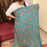 Turquoise Teal Crepe Silk Embroidered Fabric