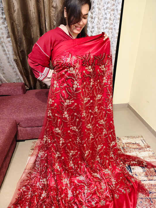 Red Satin-Backed handwork Net Fabric