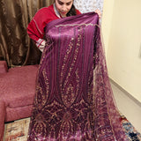 Deep Purple Satin backed Net handwork fabric