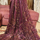 Deep Purple Satin backed Net handwork fabric