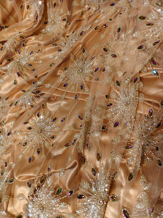 Peach Silk Satin Backed handwork Net Fabric