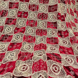 Deep Crimson Velvet Fabric with Ivory Cutwork Embroidery