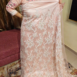 Baby Pink Satin Backed handwork Net Fabric