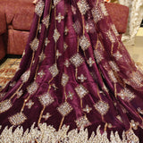 Deep Wine Embellished Net Fabric backed with Silk Satin