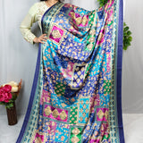 Royal Blue Multicolor Printed Satin Saree