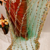 Mint Green Crystal & Zari Embroidered Net Saree