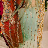 Mint Green Crystal & Zari Embroidered Net Saree