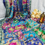 Royal Blue Multicolor Printed Satin Saree