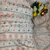 Ivory Pastel Mirror Embroidered Flex Cotton Fabric
