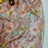 Peach Floral Sequin Glass Organza Fabric