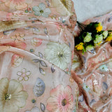 Peach Floral Sequin Glass Organza Fabric