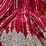 Deep Red Embroidered Silk Organza Fabric