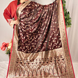 Deep Maroon Banarasi Silk Saree with Gold Zari Floral Weaving