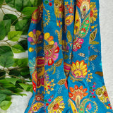 Blue Floral Embroidered Crepe Silk Fabric
