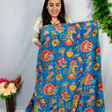 Blue Floral Embroidered Crepe Silk Fabric