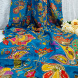 Blue Floral Embroidered Crepe Silk Fabric