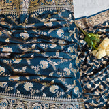 Petrol Blue Silver Banarasi Brocade Saree