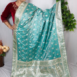 Turquoise Silver Banarasi Brocade Saree