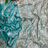 Turquoise Silver Banarasi Brocade Saree