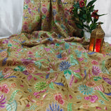 Beige Floral Embroidered Chinnon Fabric