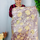 Dusty Taupe Floral Embellished Crepe Fabric