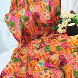Orange Geometric Embroidered Chinnon Fabric