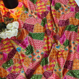 Orange Geometric Embroidered Chinnon Fabric