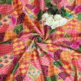 Orange Geometric Embroidered Chinnon Fabric