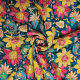 Blue Floral Embroidered Silk Crepe Fabric