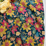 Blue Floral Embroidered Silk Crepe Fabric