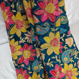 Blue Floral Embroidered Silk Crepe Fabric