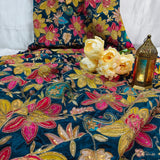 Blue Floral Embroidered Silk Crepe Fabric