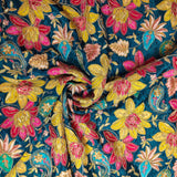Blue Floral Embroidered Silk Crepe Fabric