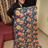 Blue Floral Embroidered Silk Crepe Fabric