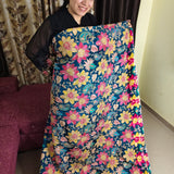 Blue Floral Embroidered Silk Crepe Fabric