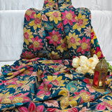 Blue Floral Embroidered Silk Crepe Fabric