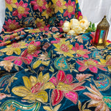 Blue Floral Embroidered Silk Crepe Fabric