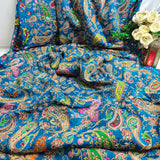 Blue Paisley Embroidered Silk Crepe Fabric