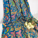Blue Paisley Embroidered Silk Crepe Fabric