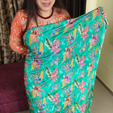 Green Floral Embroidered Silk Crepe Fabric