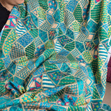 Turquoise Geometric Embroidered Crepe Silk Fabric