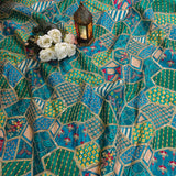 Turquoise Geometric Embroidered Crepe Silk Fabric