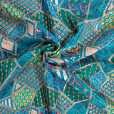 Turquoise Geometric Embroidered Crepe Silk Fabric