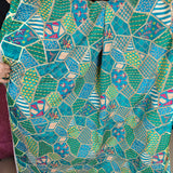 Turquoise Geometric Embroidered Crepe Silk Fabric